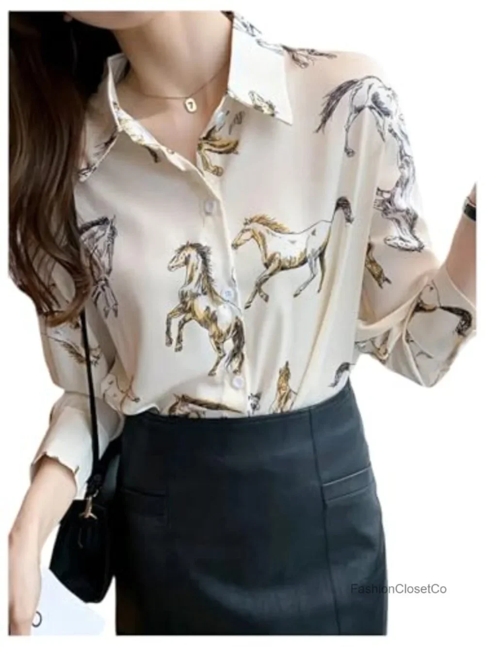 Polyester Graphic Horse Print Long Sleeve Button Down Shirt Blouse Western Top - Picture 1 of 4